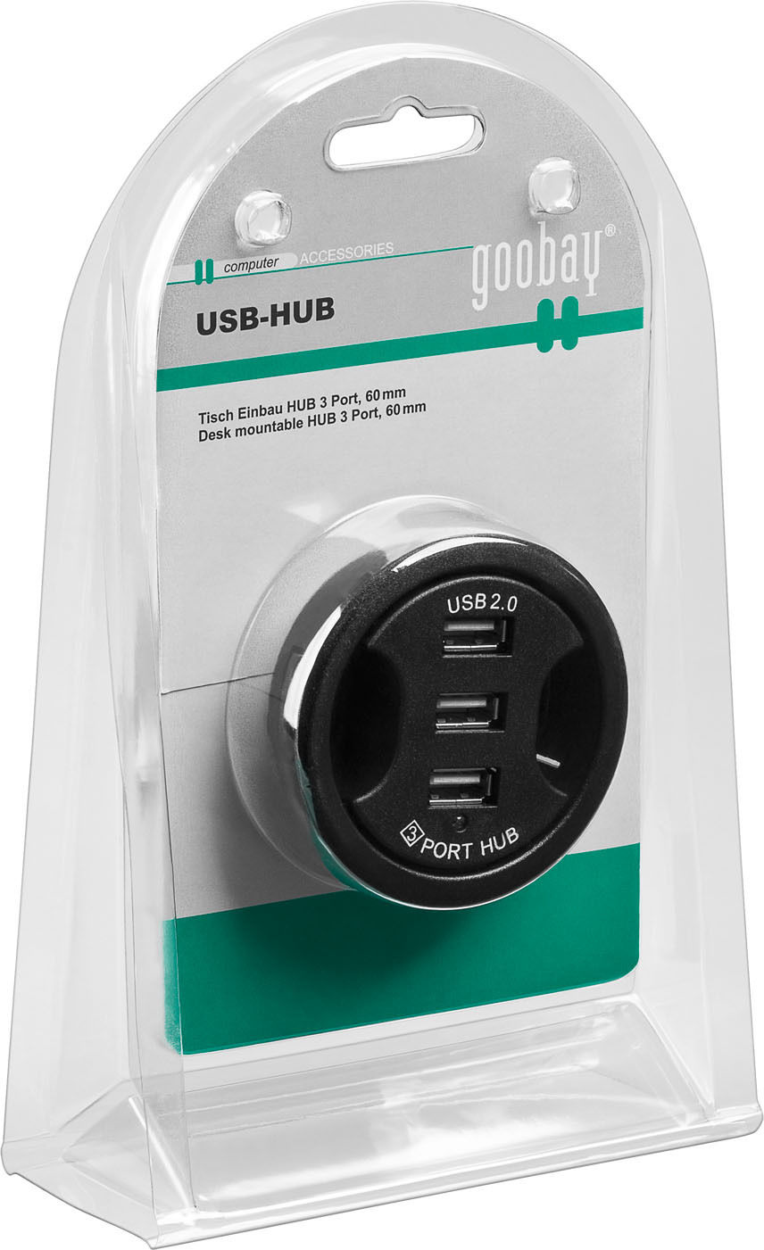 Preview: USB 2.0 Hi-Speed In Desk HUB / Verteiler 3 Port; USB - HUB Einbau USB 2.0 60mm