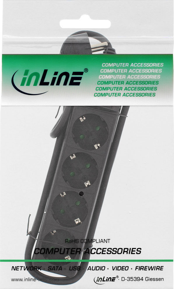 Preview: InLine Steckdosenleiste, schwarz, 4-fach mit Schalter, 4xSchutzkontakt