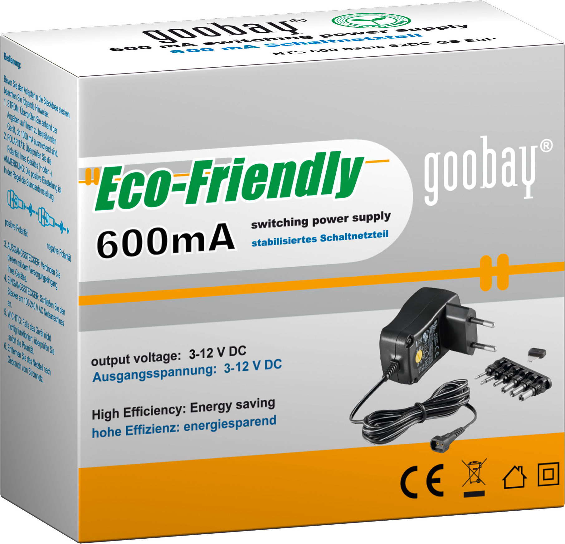 Preview: Universal-Netzteil Basic 3V-12V 0,6A bis 7,2W 8xDC-Adapter schwarz 1,8m