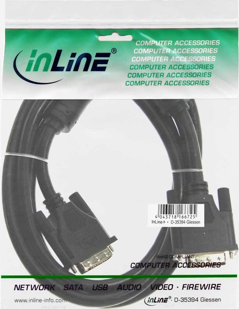 Preview: DVI-D Kabel, InLine, digital 18+1 St/St, Single Link, 2 Ferritte, 10m