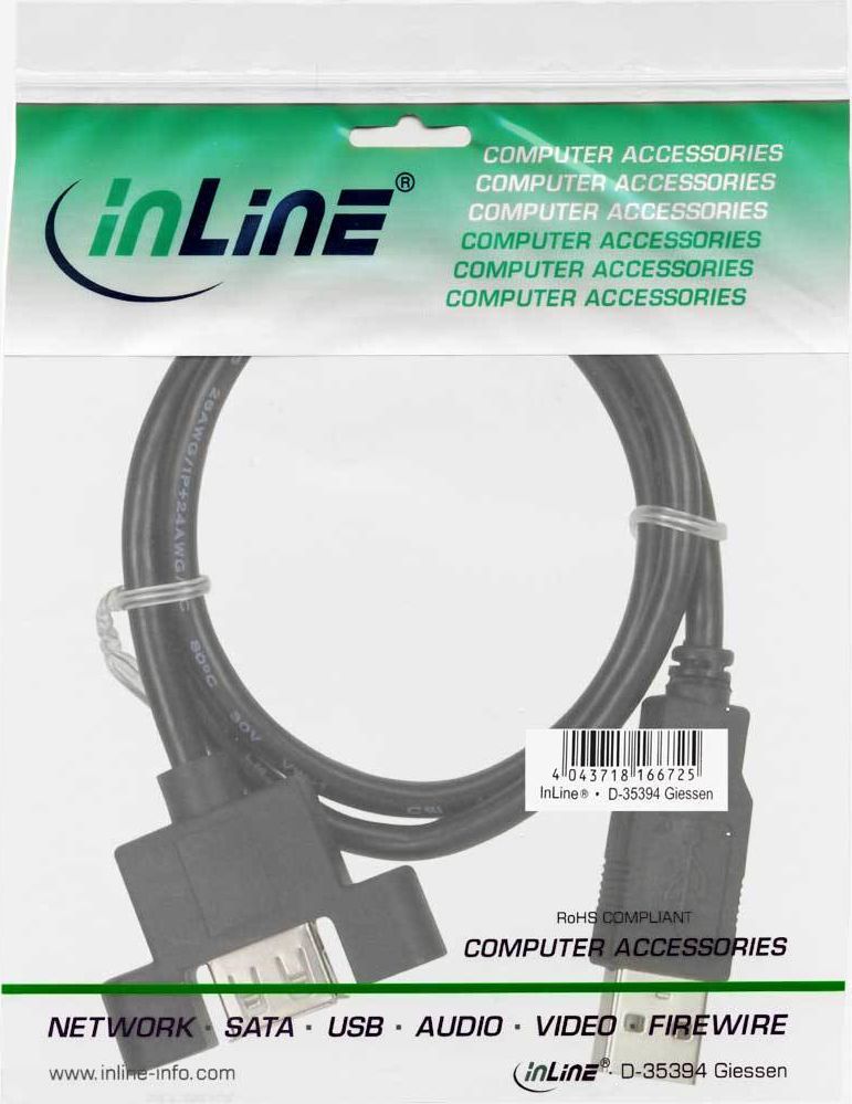 Preview: USB 2.0 Anschlusskabel, InLine©, Stecker A auf Einbaubuchse A, 0,6m