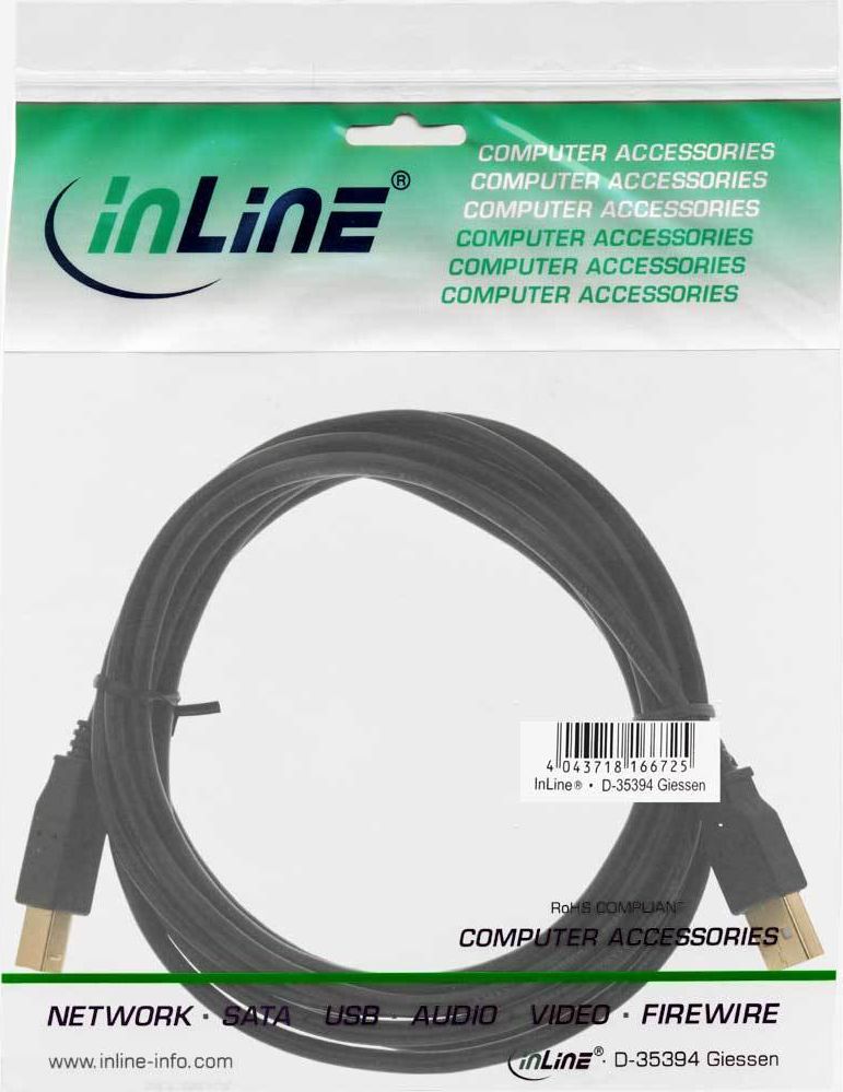 Preview: USB 2.0 Kabel, InLine, A an B, schwarz, 5m