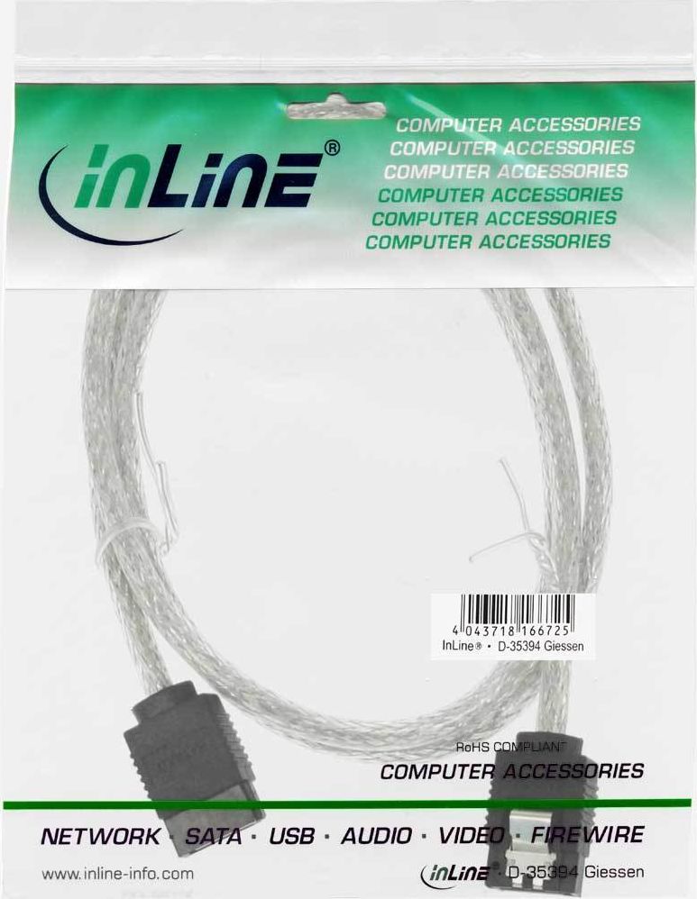 Preview: InLine SATA 6Gb/s Kabel rund mit Lasche transparent 0,3m