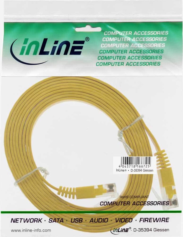 Preview: InLine Patchkabel flach, U/UTP, Cat.6, gelb, 0,5m