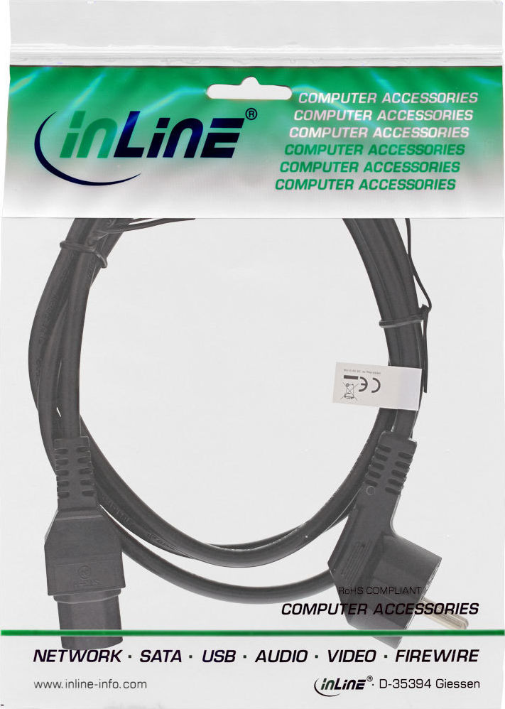 Preview: InLine Netzkabel Schutzkontaktkontakt gewinkelt auf Warmgerätestecker C15 schwarz 2m