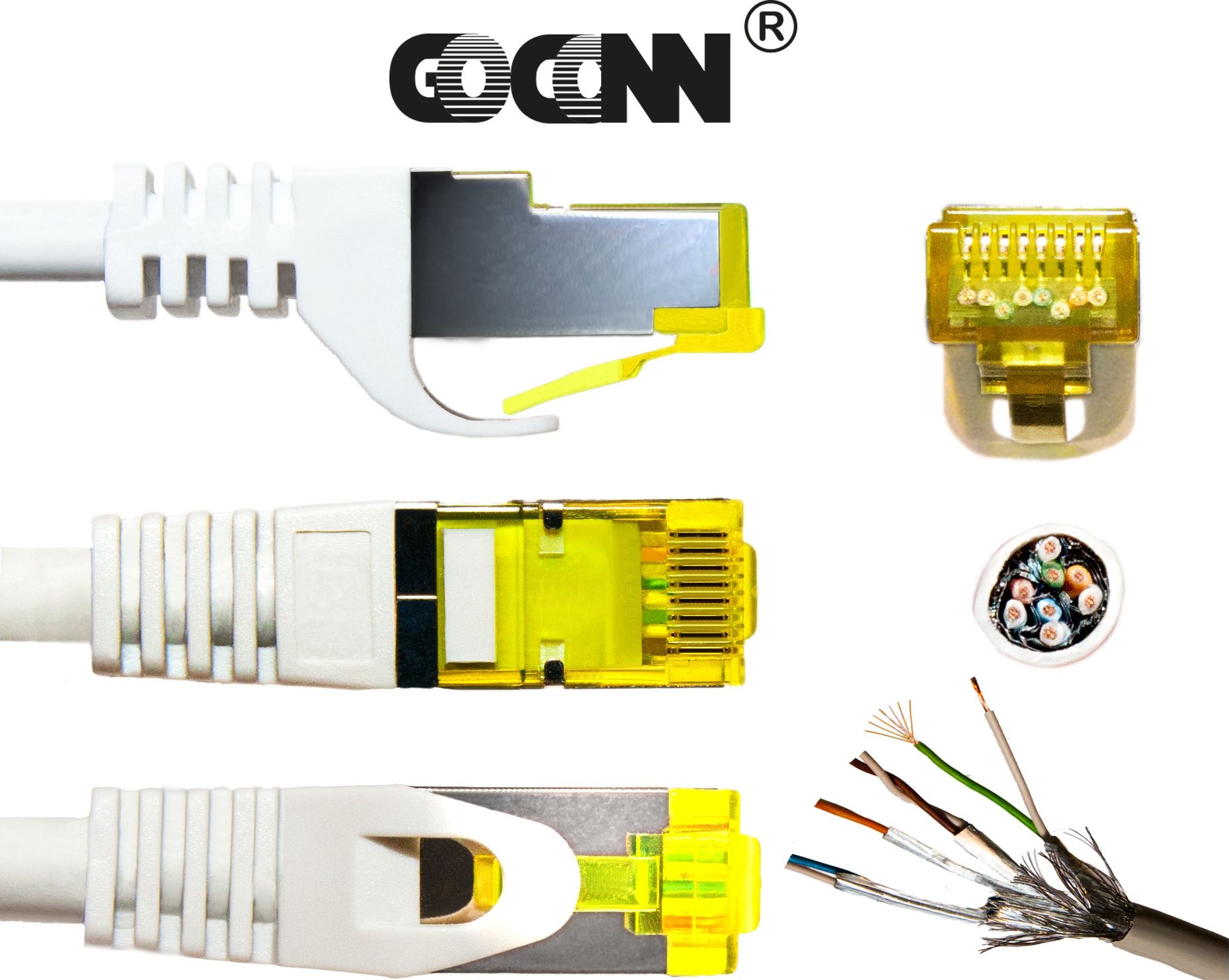 Preview: GoConn Patchkabel mit Cat7 Rohkabel 15cm weiß S/FTP PiMF 500MHz 2xgeschirmt