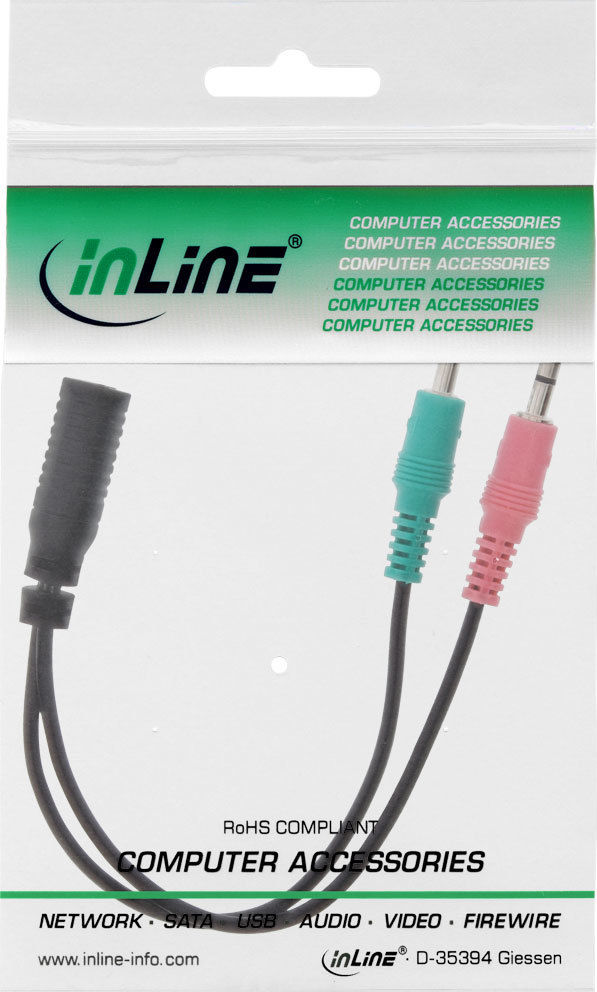 Preview: InLine Audio Headset Adapterkabel 2x3,5mm Klinke St->3,5mm Bu 4pol CTIA