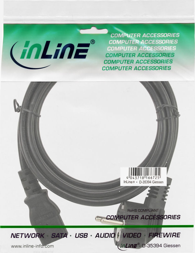 Preview: InLine Netzkabel, Schutzkontakt gewinkelt auf Kaltgerätestecker C13, 0,3m