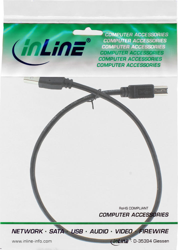 Preview: InLine USB 2.0 Kabel, A an B, schwarz, 0,3m
