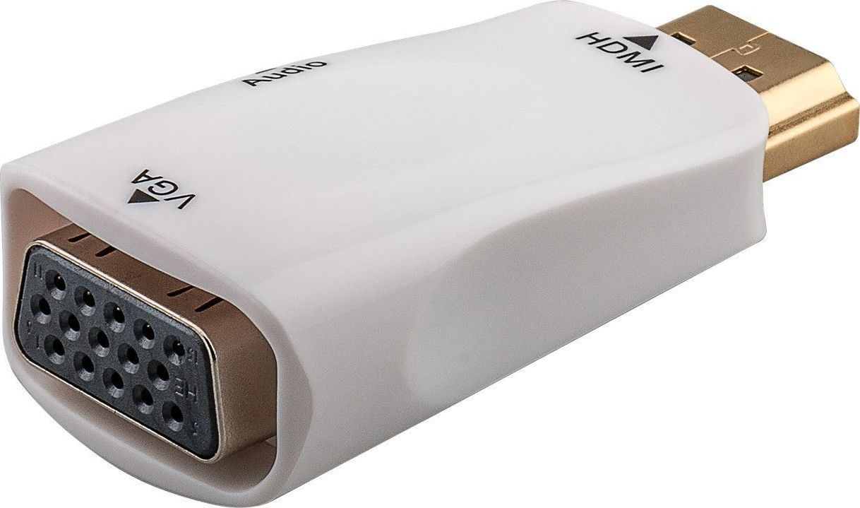 Preview: Kompakter HDMI™/VGA Adapter inkl. Audio, vergoldet; Kompakter HDMI™/VGA Adapter inkl. Audio, vergoldet, Weiß - HDMI™ Standard-Stecker (Typ A) > VGA-Buchse (15-polig) + Klinke 3,5 mm Buchse (3-Pin, stereo)