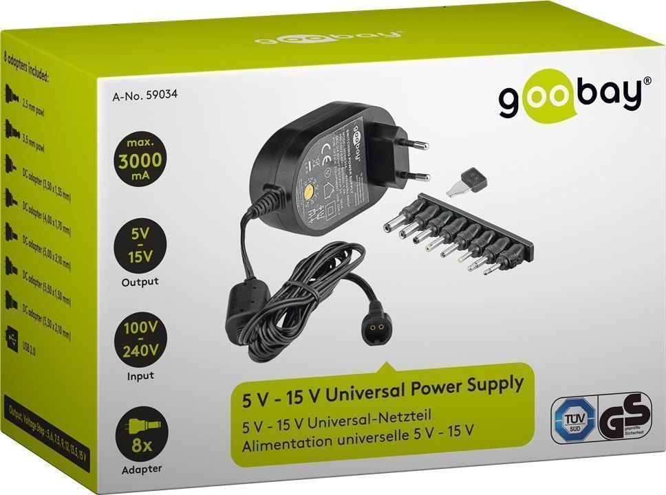 Preview: 5 V - 15 V Universal-Netzteil; 5 V - 15 V Universal-Netzteil, 1.8 m - inkl. 8 DC-Adapter - max. 36 W und 3 A