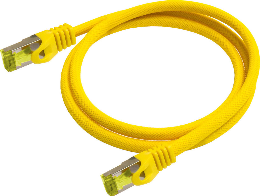 Preview: Python® Series RJ45 Patchkabel mit Cat. 7 Rohkabel, Rastnasenschutz (RNS®) und Nylongeflecht, S/FTP, PiMF, halogenfrei, 500MHz, OFC, gelb, 7,5m