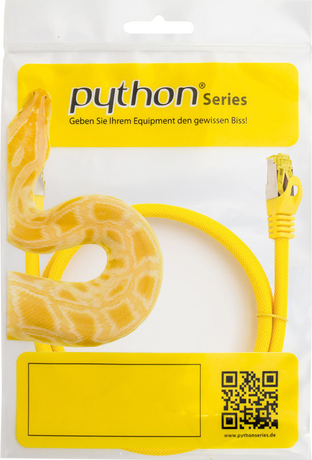 Preview: Python® Series RJ45 Patchkabel mit Cat. 7 Rohkabel, Rastnasenschutz (RNS®) und Nylongeflecht, S/FTP, PiMF, halogenfrei, 500MHz, OFC, gelb, 7,5m