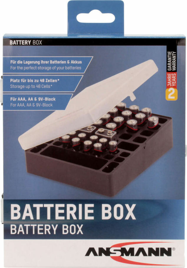 Preview: ANSMANN 1900-0041 Aufbewahrungsbox für bis zu 24× Mignon AA, 16× Micro AAA und 4× 9V E-Block Akkus und Batterien