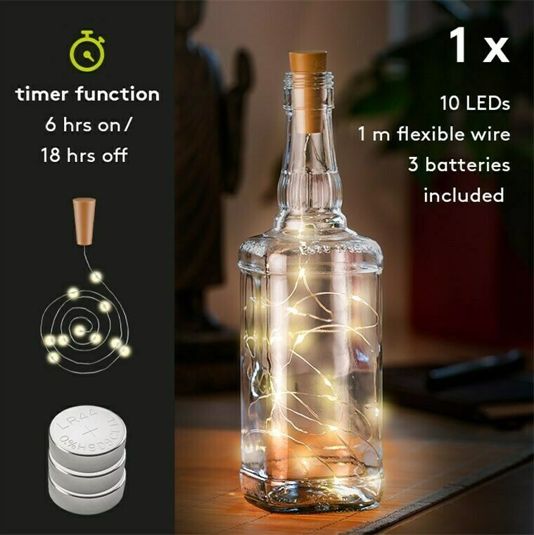 Preview: LED-Flaschen-Lichterkette, inkl. Timer 10LEDs Silber-Hellbraun