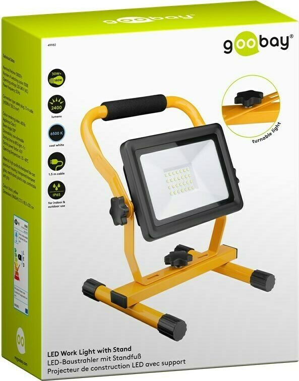 Preview: LED-Baustrahler Flutlicht IP65 30W 2400lm Licht kalt-weiß Standfuß schwarzgelb