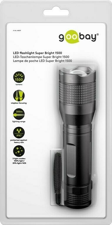 Preview: LED-Taschenlampe Super Bright 1500; LED-Taschenlampe Super Bright 1500, Schwarz - ideal für Arbeit, Freizeit, Sport, Camping, Angeln, Jagd und Pannenhilfe