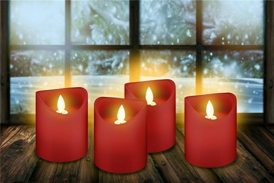 Preview: 4er Set LED-Echtwachs-Kerzen, rot; 4er Set LED-Echtwachs-Kerzen, rot - Wunderschöne und sichere Lichtlösung für viele Bereiche wie Haus und Loggia, Büros oder Schulen