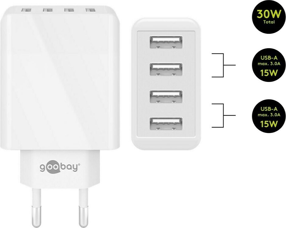 Preview: 4-fach USB-Ladegerät 30W; 4-fach USB-Ladegerät 30W, Weiß - mit 4x USB-Buchse, flache Bauform