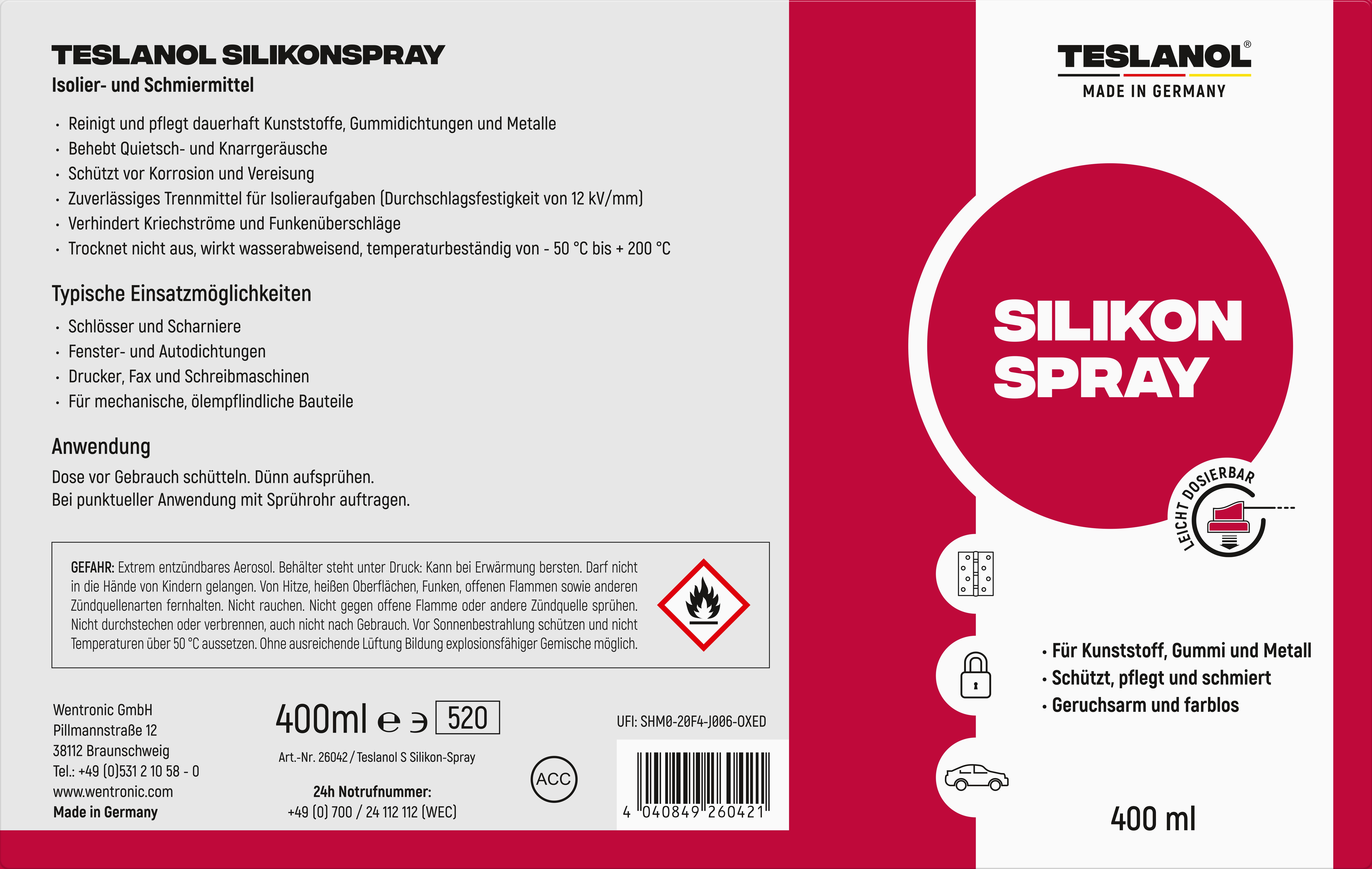 Preview: TESLANOL S Silikon-Spray isoliert-schützt-schmiert 400 ml