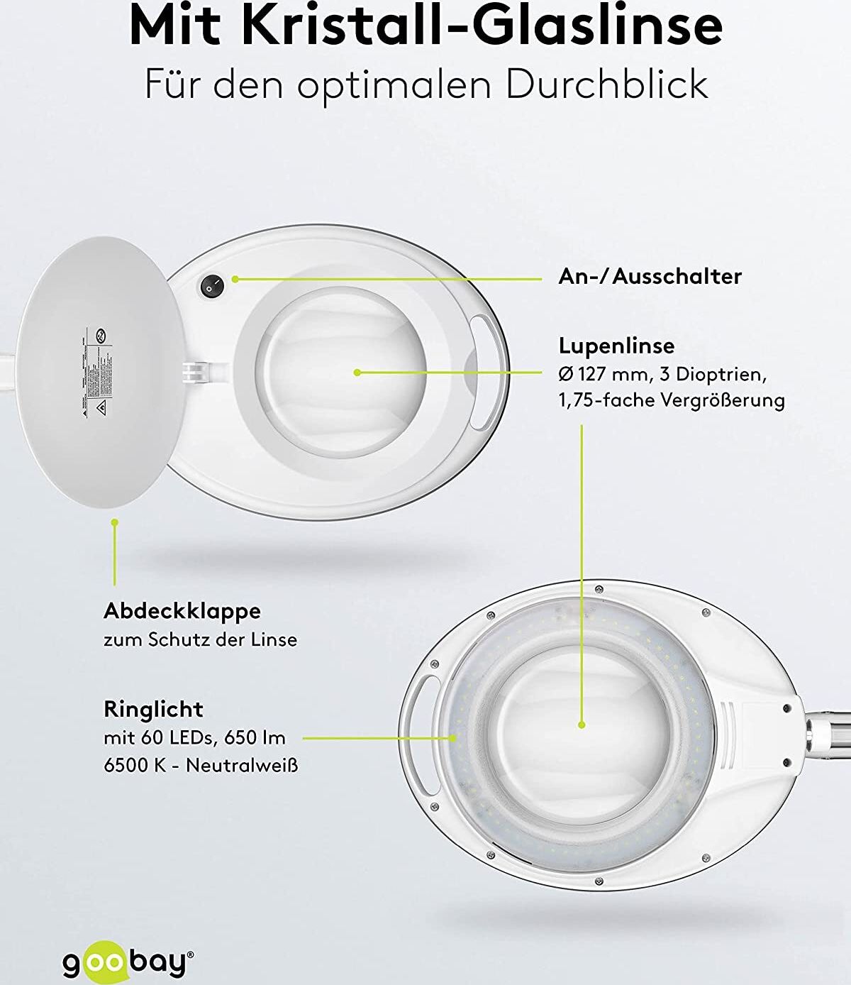 Preview: LED-Klemm-Lupenleuchte, 8 W; 650 lm, 127 mm Kristall-Glaslinse, 1,75-fache Vergrößerung, 3 Dioptrien