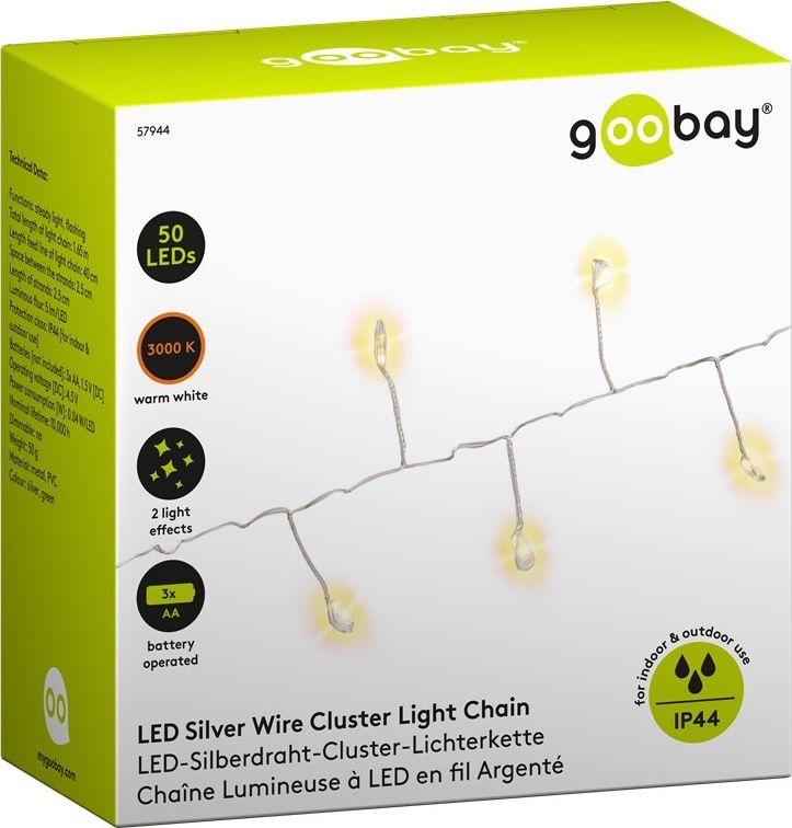 Preview: 50er LED-Silberdraht-Cluster-Lichterkette; mit 2 Leuchtmodi, warmweiß (3000 K), batteriebetrieben, für den Innen- und Außenbereich (IP44)