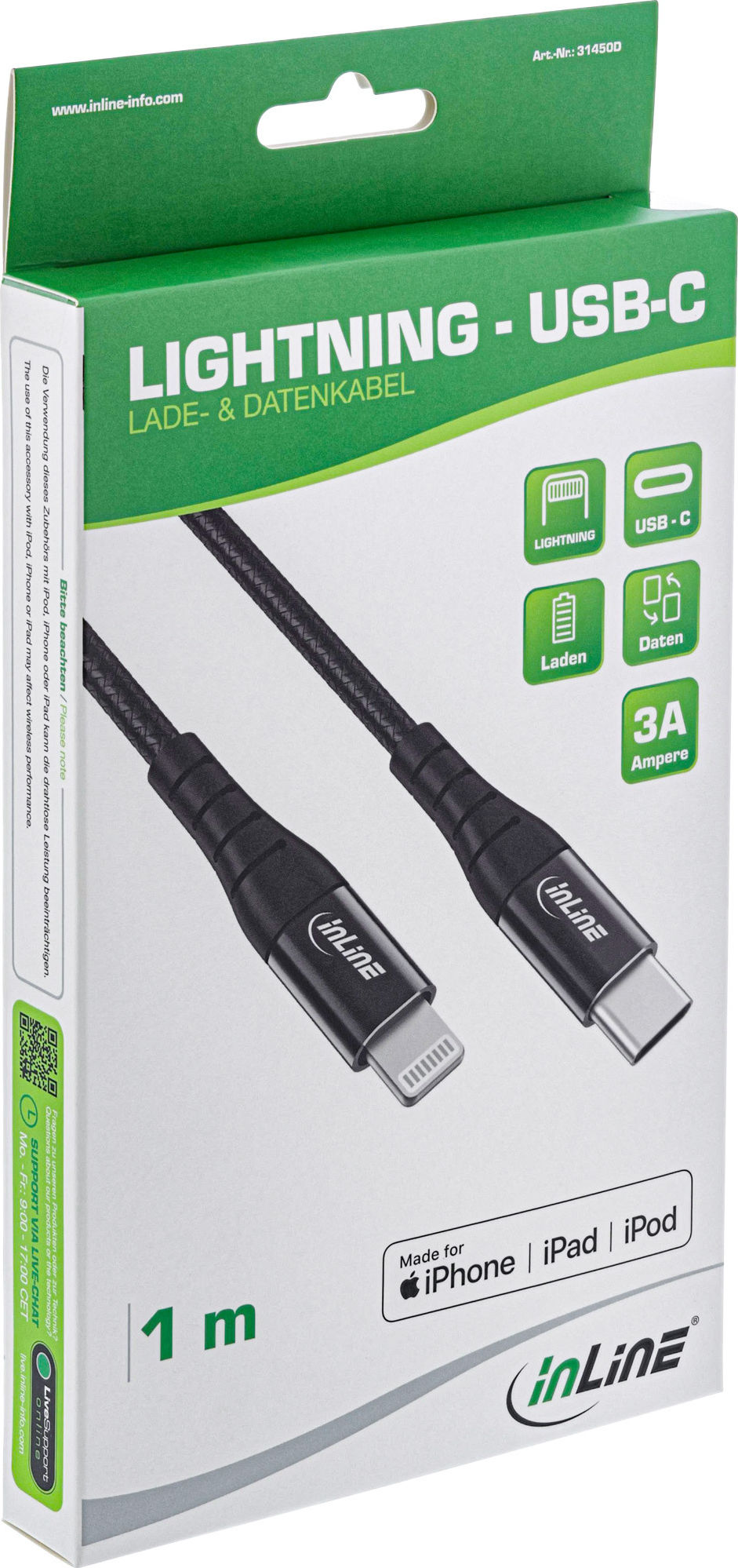 Preview: InLine USB-C Lightning Kabel, für iPad, iPhone, iPod, schwarz/Alu, 2m MFi-zertifiziert