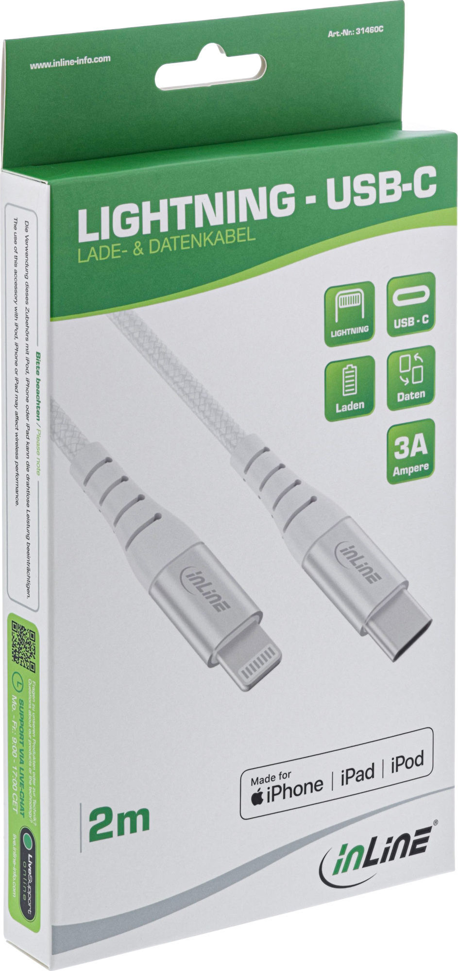 Preview: InLine USB-C Lightning Kabel, für iPad, iPhone, iPod, silber/Alu, 1m MFi-zertifiziert