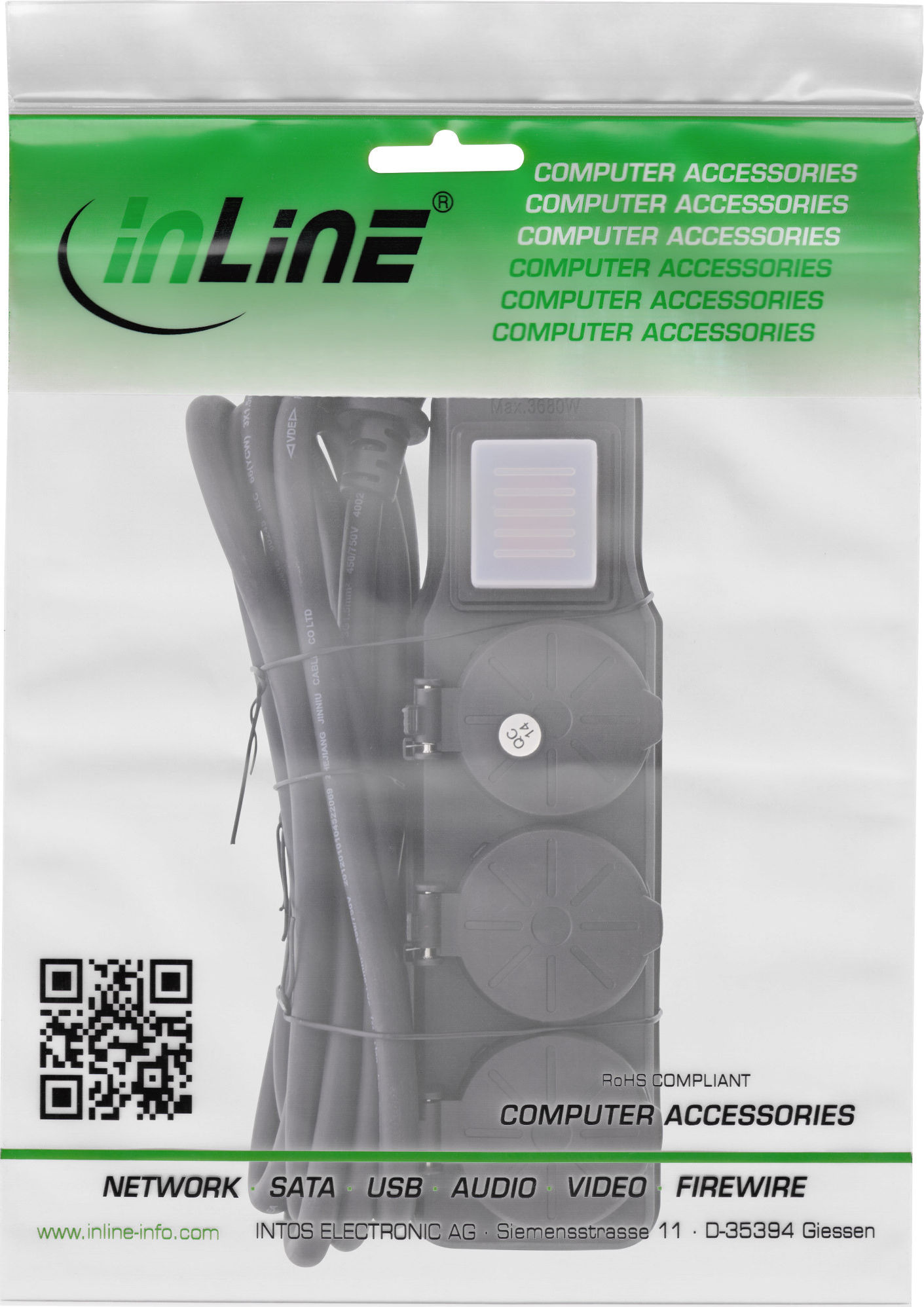 Preview: InLine® Outdoor-Steckdosenleiste, 3-fach Schutzkontakt, IP44, mit Schalter, 3m