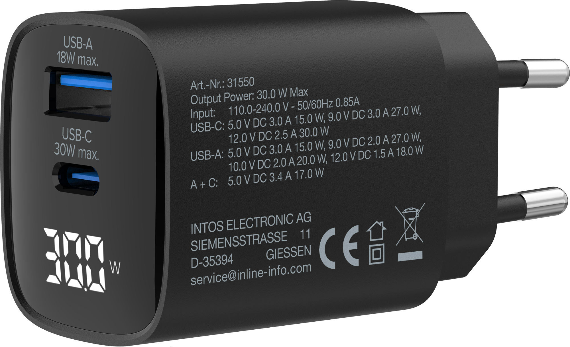 Preview: InLine® USB PD Netzteil, GaN Ladegerät, 2-Port, USB-C + USB-A, 30W, mit Display