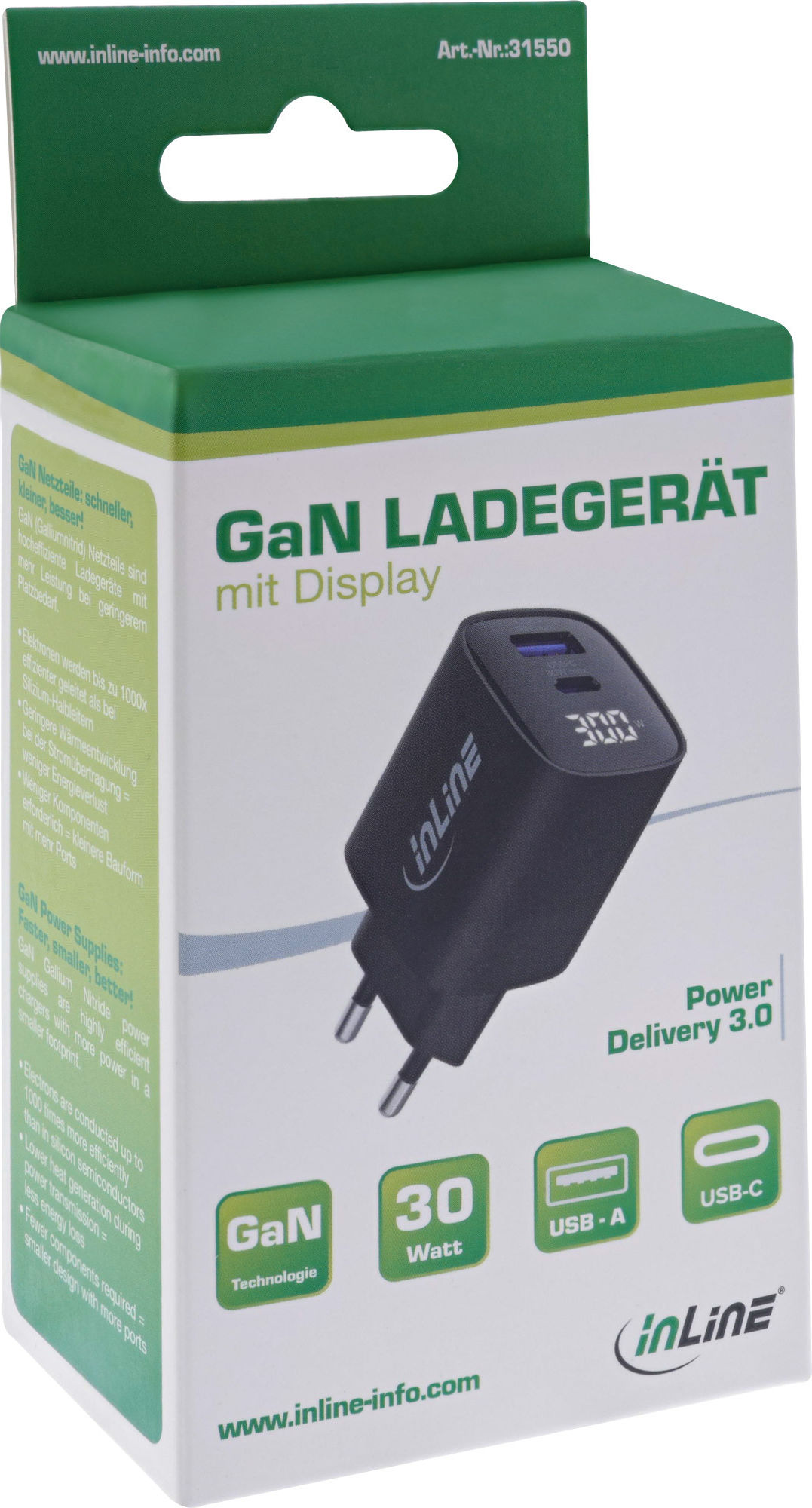 Preview: InLine® USB PD Netzteil, GaN Ladegerät, 2-Port, USB-C + USB-A, 30W, mit Display