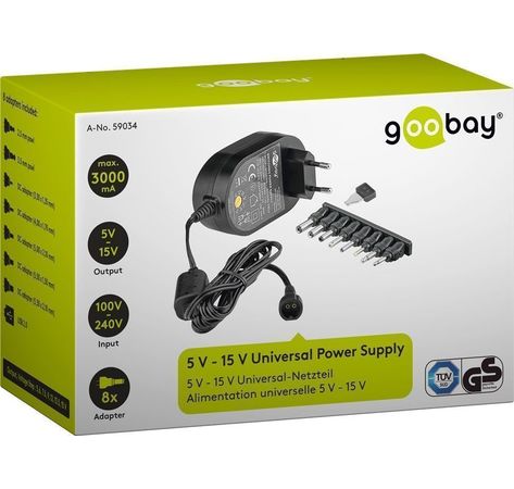 5 V - 15 V Universal-Netzteil; 5 V - 15 V Universal-Netzteil, 1.8 m - inkl. 8 DC-Adapter - max. 36 W und 3 A
