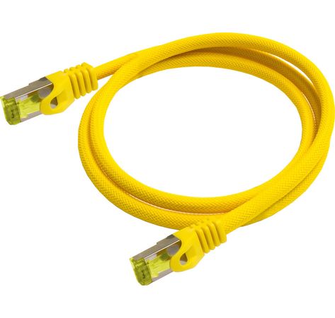 Python® Series RJ45 Patchkabel mit Cat. 7 Rohkabel, Rastnasenschutz (RNS®) und Nylongeflecht, S/FTP, PiMF, halogenfrei, 500MHz, OFC, gelb, 7,5m