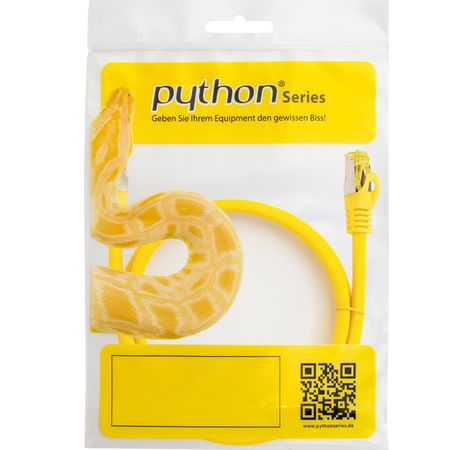Python® Series RJ45 Patchkabel mit Cat. 7 Rohkabel, Rastnasenschutz (RNS®) und Nylongeflecht, S/FTP, PiMF, halogenfrei, 500MHz, OFC, gelb, 7,5m