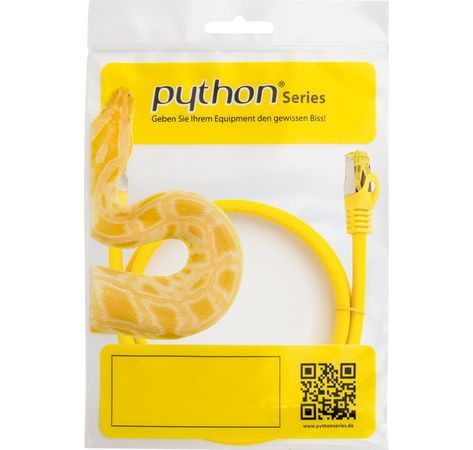 Python® Series RJ45 Patchkabel mit Cat. 7 Rohkabel, Rastnasenschutz (RNS®) und Nylongeflecht, S/FTP, PiMF, halogenfrei, 500MHz, OFC, gelb, 7,5m