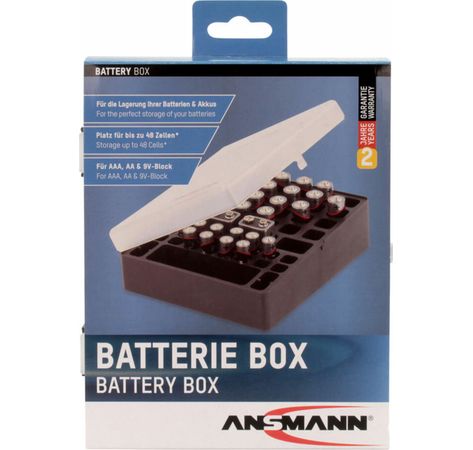 ANSMANN 1900-0041 Aufbewahrungsbox für bis zu 24× Mignon AA, 16× Micro AAA und 4× 9V E-Block Akkus und Batterien