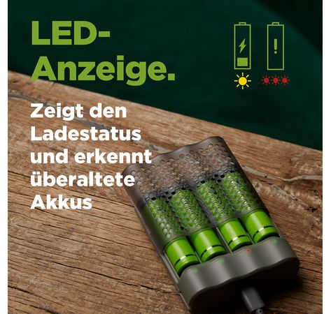 GP 4-Port USB Ladegerät für AA & AAA NiMh Akkus, inkl. 4x AA NimH Akkus (2600 mAH), mit Ladestandsanzeige, inkl. USB Ladekabel, 2 einzelne Akkus auch paarweise ladbar