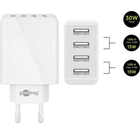 4-fach USB-Ladegerät 30W; 4-fach USB-Ladegerät 30W, Weiß - mit 4x USB-Buchse, flache Bauform
