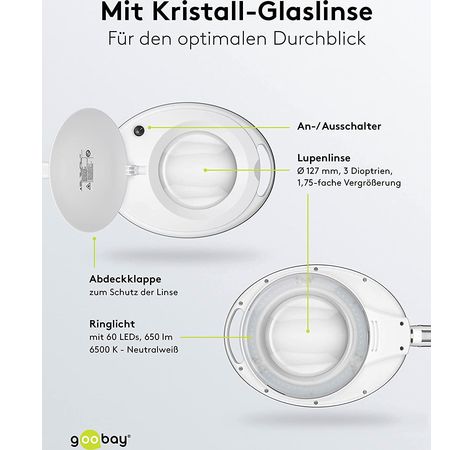 LED-Klemm-Lupenleuchte, 8 W; 650 lm, 127 mm Kristall-Glaslinse, 1,75-fache Vergrößerung, 3 Dioptrien