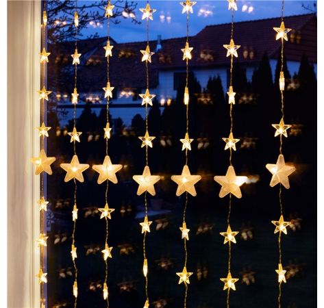 80er LED-Sternenvorhang; mit Fernbedienung, Timer-Funktion, 8 Leuchtmodi, Dimmer und 31 V-Außentrafo, warmweiß (3000 K)
