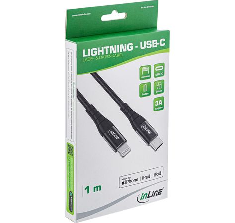 InLine USB-C Lightning Kabel, für iPad, iPhone, iPod, schwarz/Alu, 2m MFi-zertifiziert