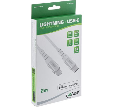 InLine USB-C Lightning Kabel, für iPad, iPhone, iPod, silber/Alu, 1m MFi-zertifiziert