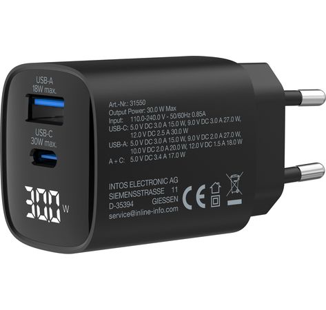 InLine® USB PD Netzteil, GaN Ladegerät, 2-Port, USB-C + USB-A, 30W, mit Display