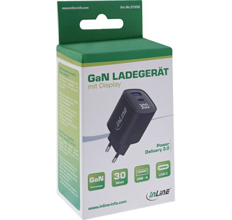 InLine® USB PD Netzteil, GaN Ladegerät, 2-Port, USB-C + USB-A, 30W, mit Display