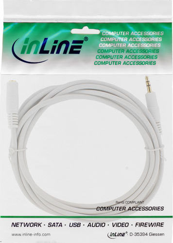 InLine Klinke Verlänger. 3,5mm Stecker/Buchse Stereo verg. Kontakte weiß 10m