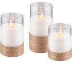 3er-Set LED-Echtwachs-Kerzen im Glas, weiß; mit Pendeldocht und Timer, batteriebetrieben (je 2x AA), warmweiß (2700 K)
