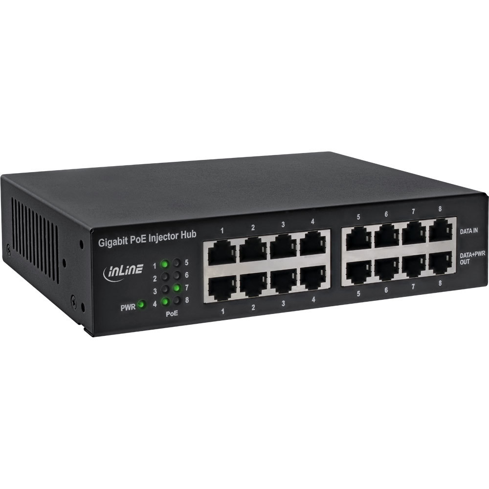 InLine PoE+ Gigabit Netzwerk Injektor Hub 8 Port (8x PoE+), 1GBit/s, 19" (Winkel