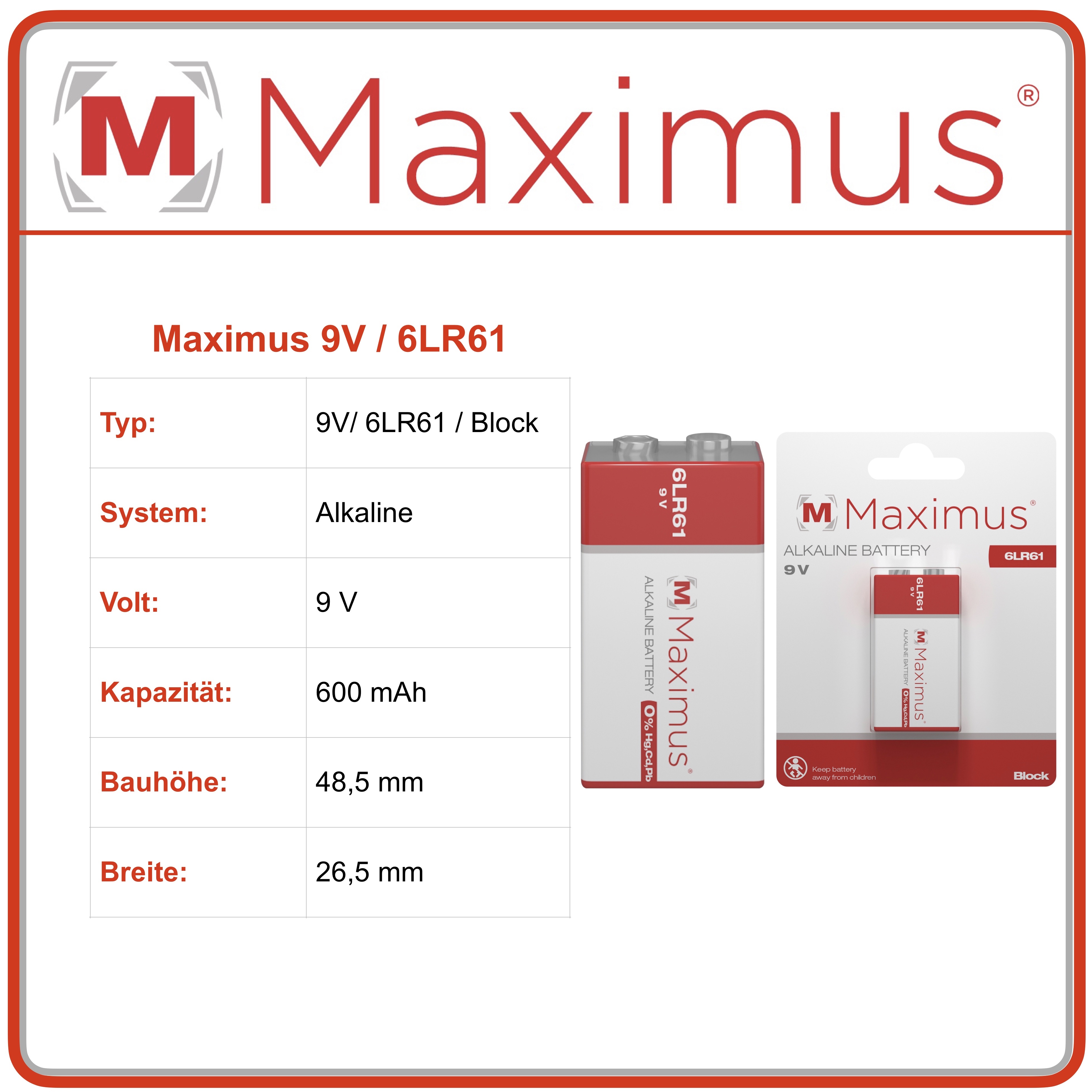 Thumbnail - Maximus Alkaline Batterien 9v Block 6lr61 Mn1604 1er Blister